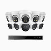 H800X - 4K 16 Kanal PoE Überwachungskamera-Set mit 5 Bullet Kameras & 5 Turm Kameras, 1/1.8'' BSI Sensor, f/1.6 Aperture (0.003 Lux), alarmierung mit sirene und blitzlicht, 2CH 4K-Dekodierungsfunktion, personen- und fahrzeugerkennung, perimeterschutz
